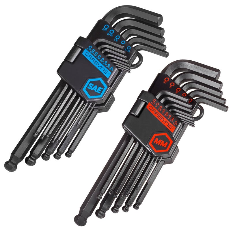 Carbyne 26-Piece Long Arm Ball End Hex (Allen) Key Wrench Set, Inch (SAE) / Metric. Includes 1.27mm-10mm and .05-3/8 Inch Sizes. Heat Treated S2 Steel - Image 1
